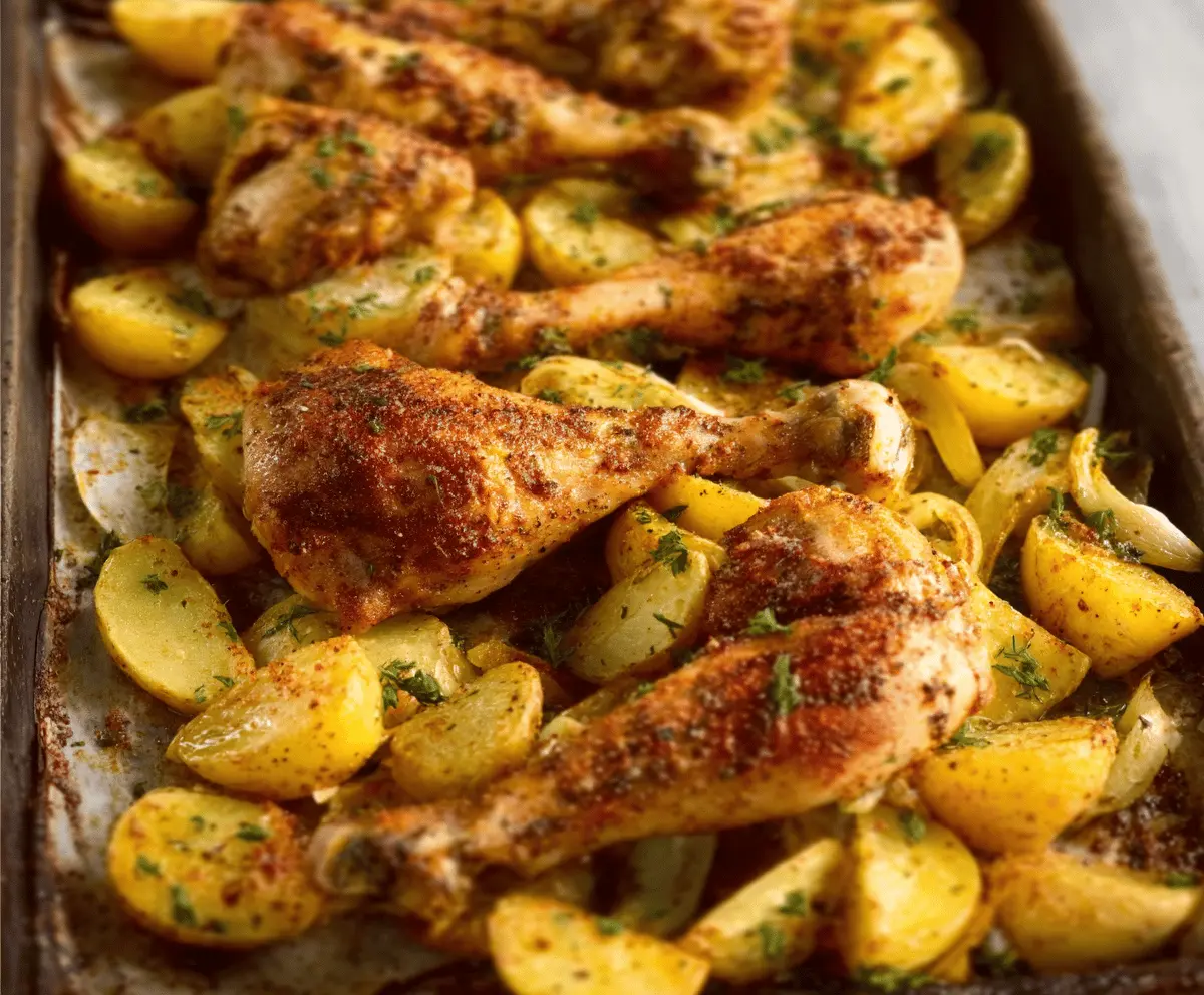 Delicious oven baked chicken legs with crispy potatoes on a platter