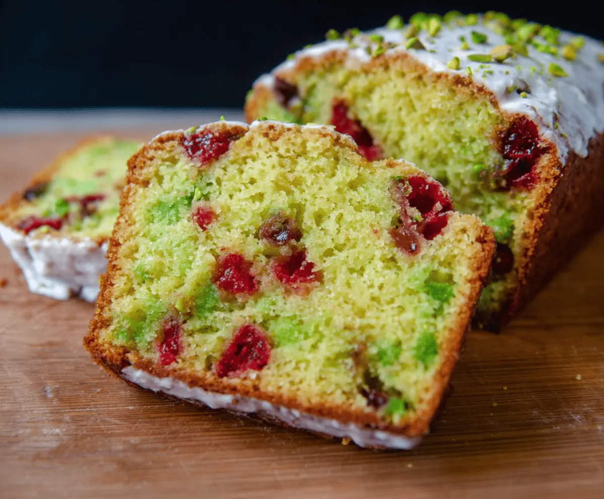 Delicious pistachio cherry bread sliced, showcasing a colorful mixture of cherries and green pistachios.