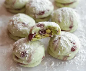 Delicious Pistachio Cherry Meltaways with vibrant red cherries and green pistachios on a white plate.
