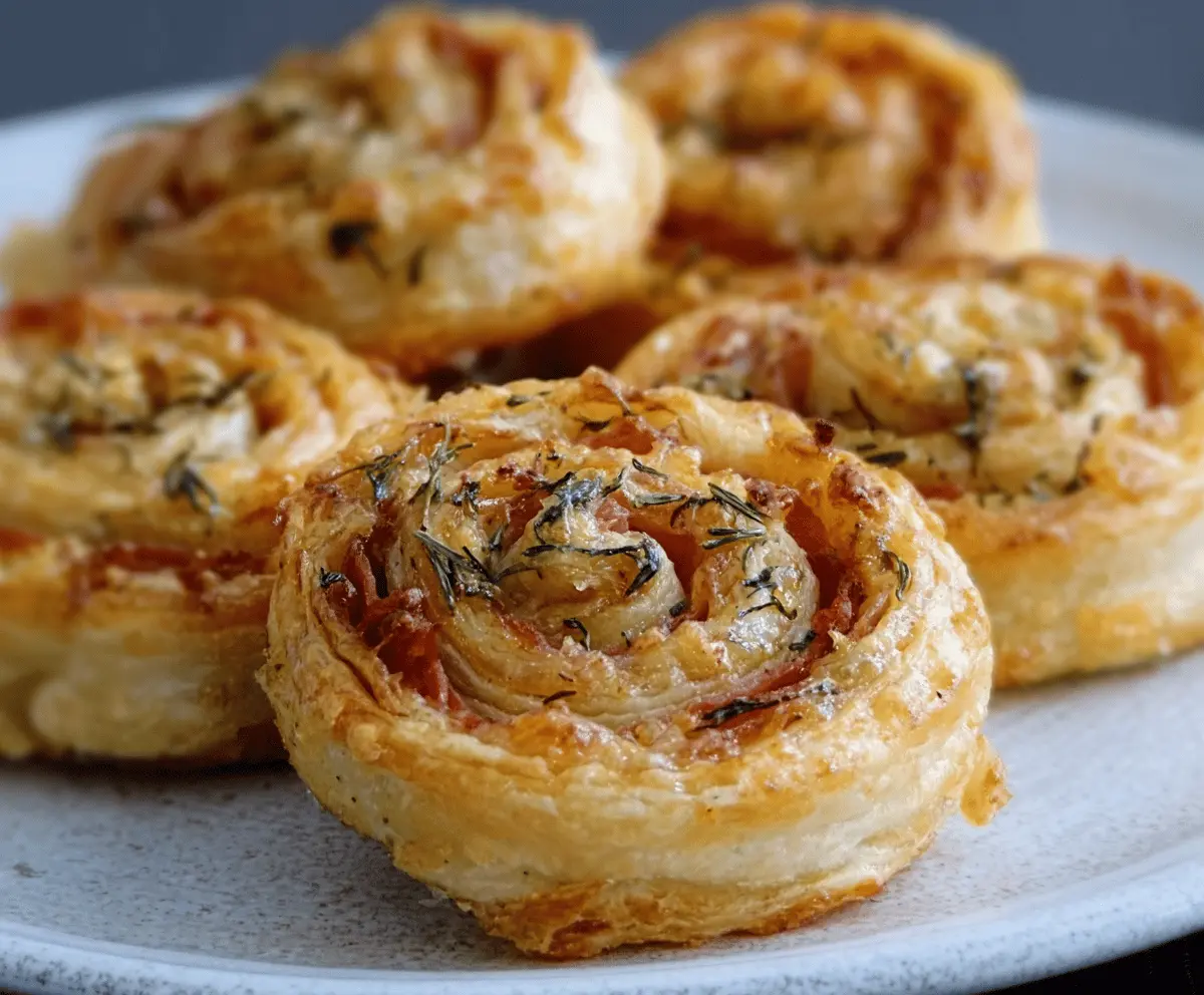 Delicious prosciutto puff pastry pinwheels with golden crispy layers and savory filling.
