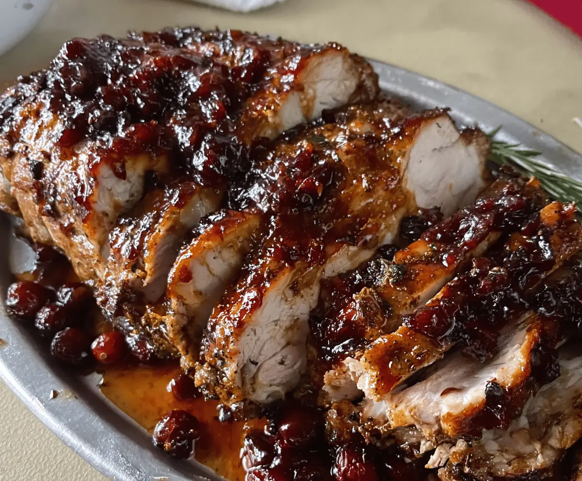 Juicy cranberry glazed pork loin roast garnished with fresh herbs on a serving platter.