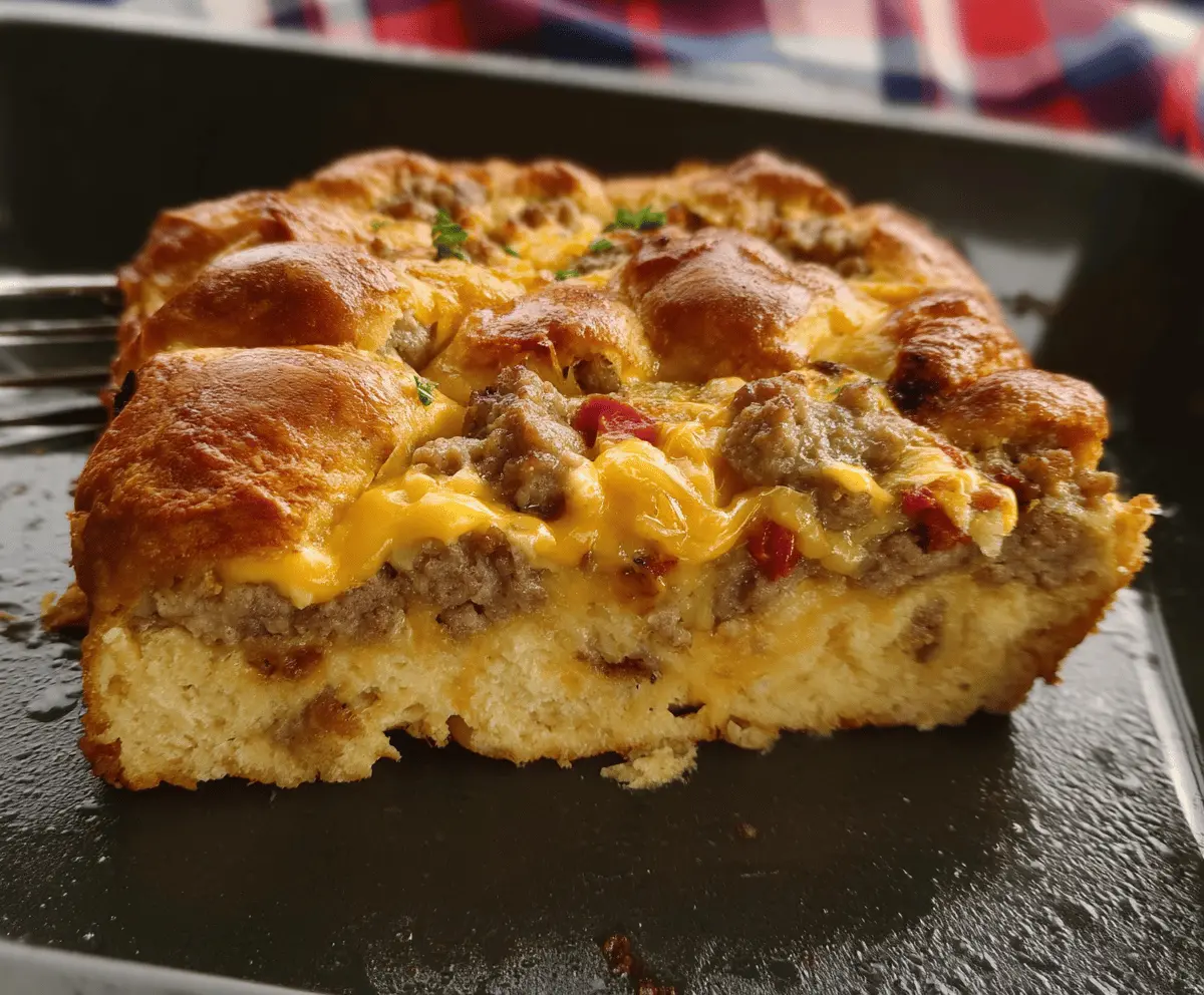 Delicious sausage breakfast casserole made with flaky crescent roll dough and melted cheese.