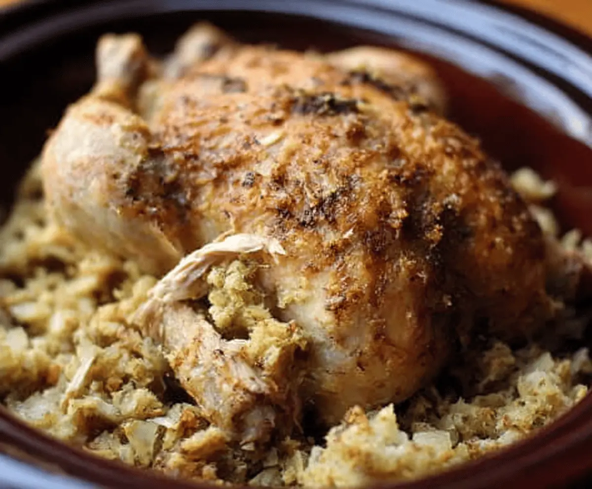 Delicious slow cooker whole chicken with savory stuffing ready to serve.