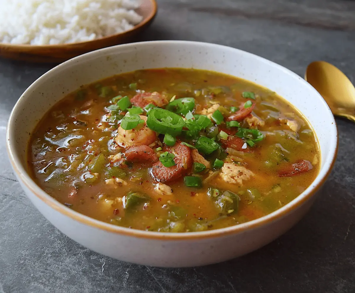Delicious spicy turkey gumbo in a bowl with fresh herbs and vegetables, perfect for a flavorful meal.