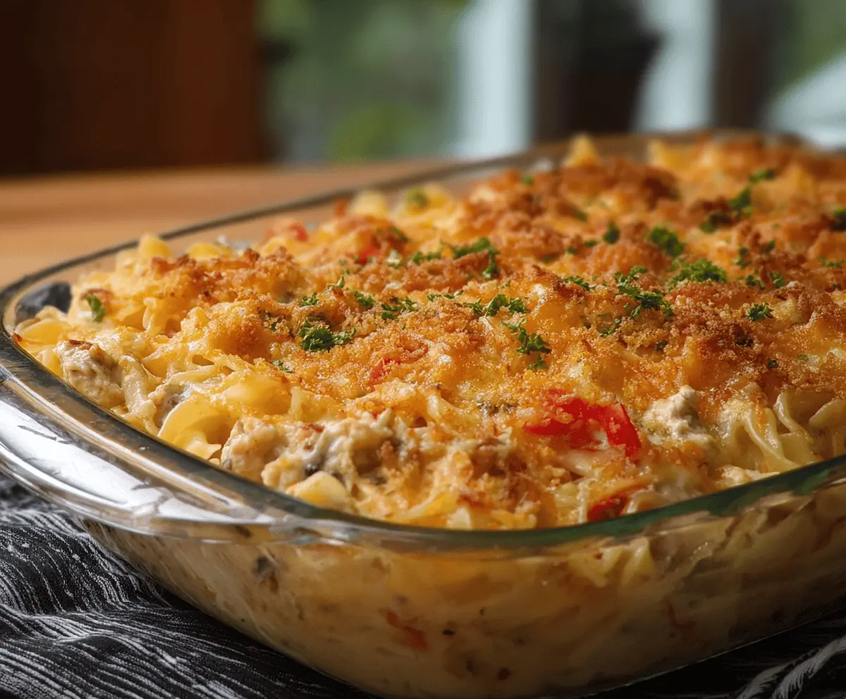 Delicious turkey noodle casserole with a golden baked crust and savory ingredients