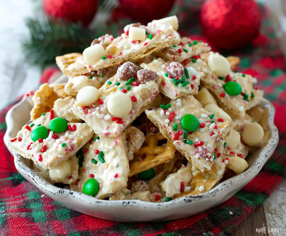 Delicious White Chocolate Christmas Crack treat with festive red and green sprinkles on a holiday-themed plate.