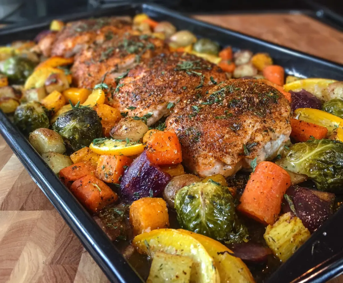 Colorful autumn rainbow sheet pan dinner with roasted vegetables and tender meat.