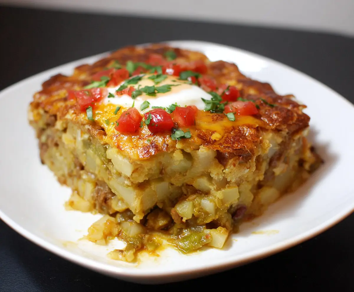 Delicious Breakfast Burrito Bake with eggs, cheese, and fresh vegetables in a baking dish.