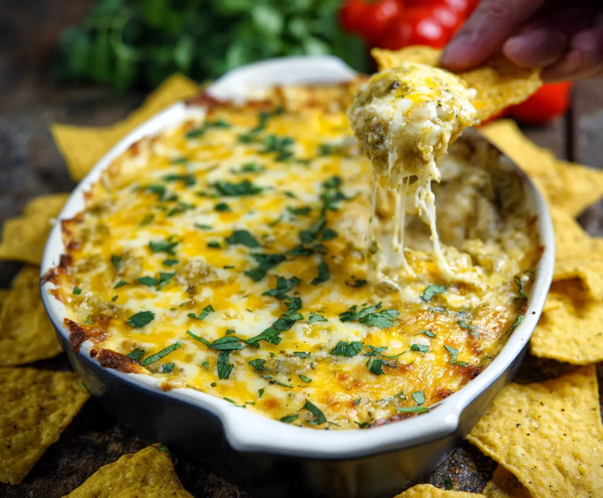 Delicious Cheesy Salsa Verde Dip served with tortilla chips, perfect for snacking or parties