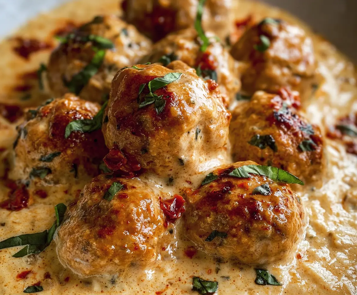 Creamy Marry Me Chicken Meatballs served with a rich, cheesy sauce on a white plate.