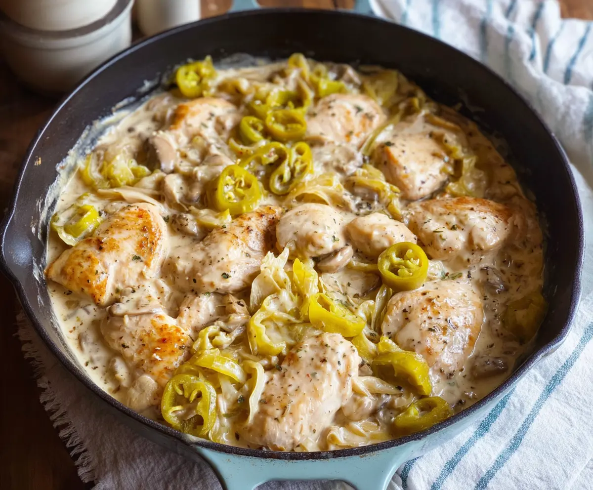 Creamy Pepperoncini Chicken Skillet served with fresh herbs and vegetables, highlighting a delicious homemade meal.