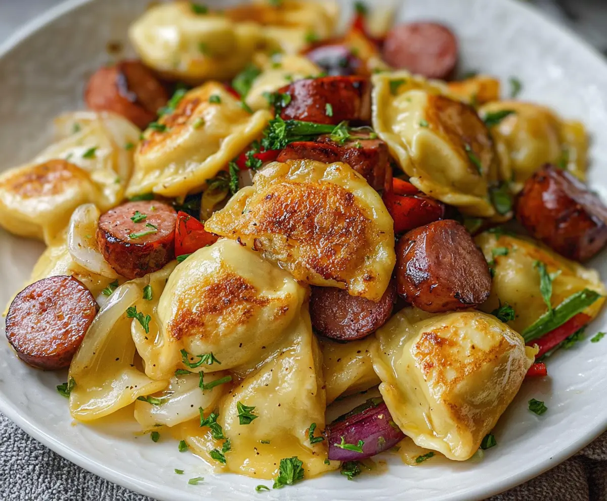 Delicious easy sheet pan pierogies with kielbasa and sautéed vegetables on a baking sheet.