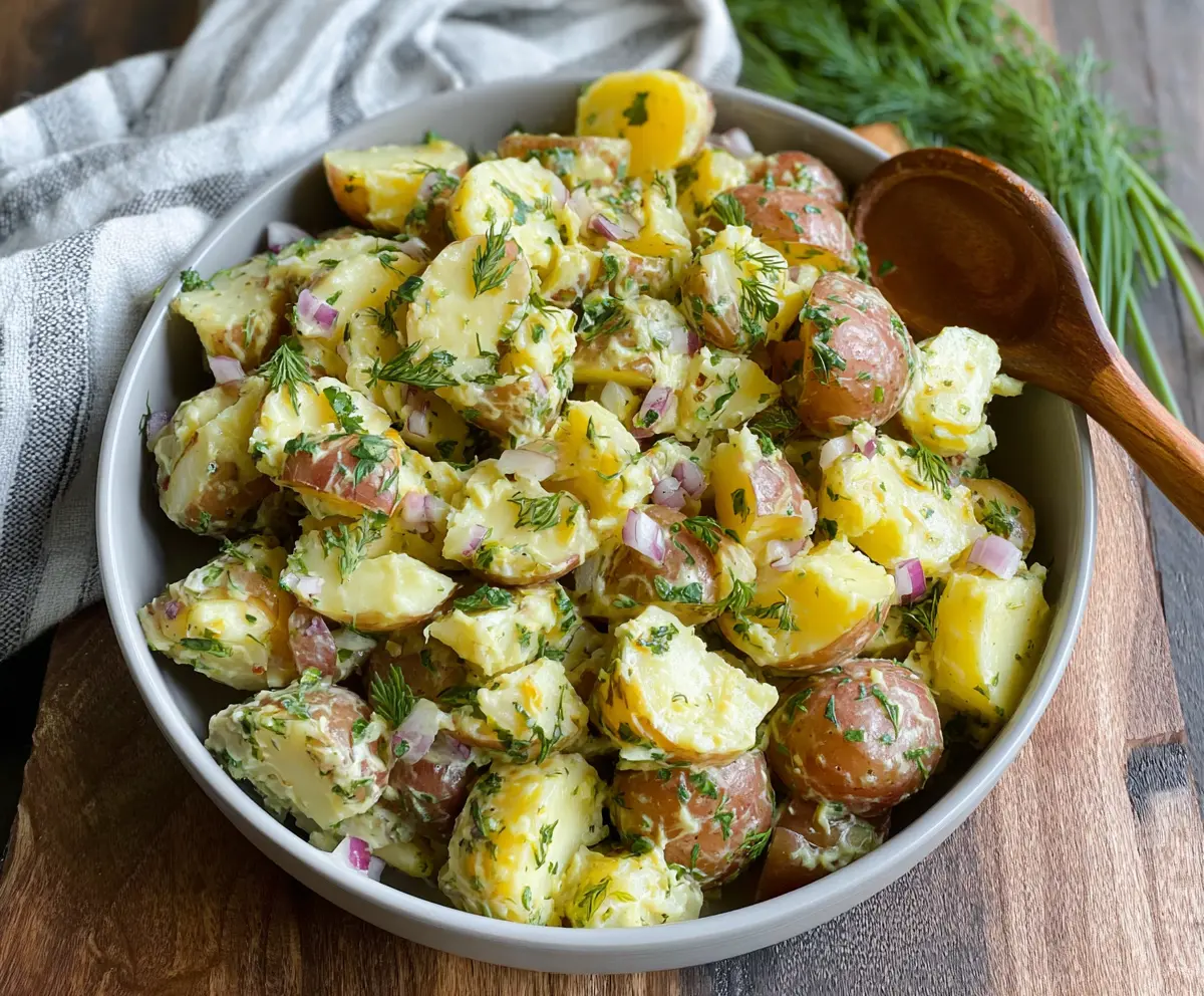 Creamy French-style potato salad with fresh herbs and Dijon mustard served in a rustic bowl.