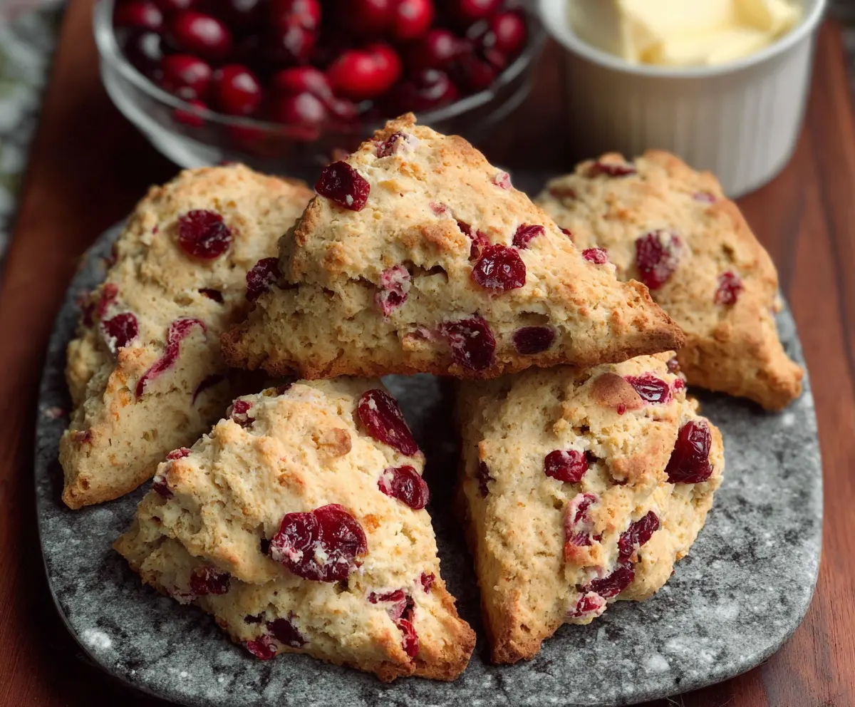 Delicious gluten-free cranberry scones on a plate, perfect for breakfast or snack.