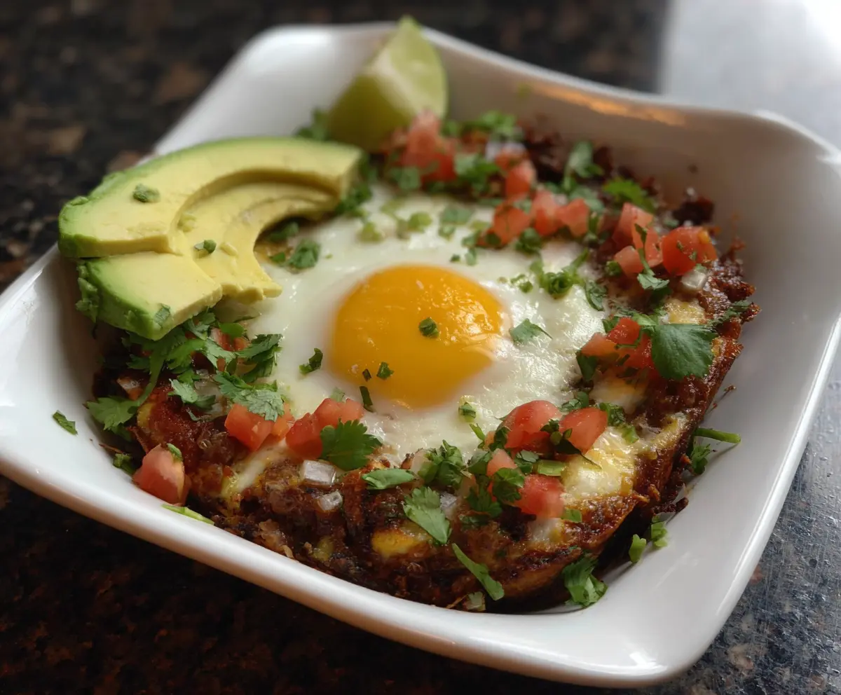 Delicious Huevos Rancheros breakfast casserole with eggs, salsa, and cheese served in a baking dish.