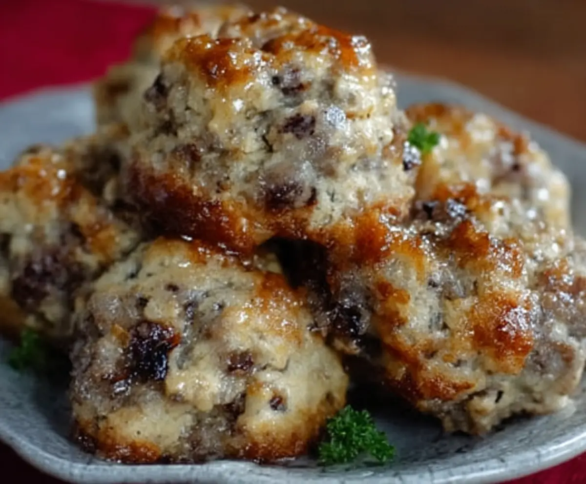 Close-up of golden-brown Maple Sausage Balls on a serving platter, garnished with fresh herbs