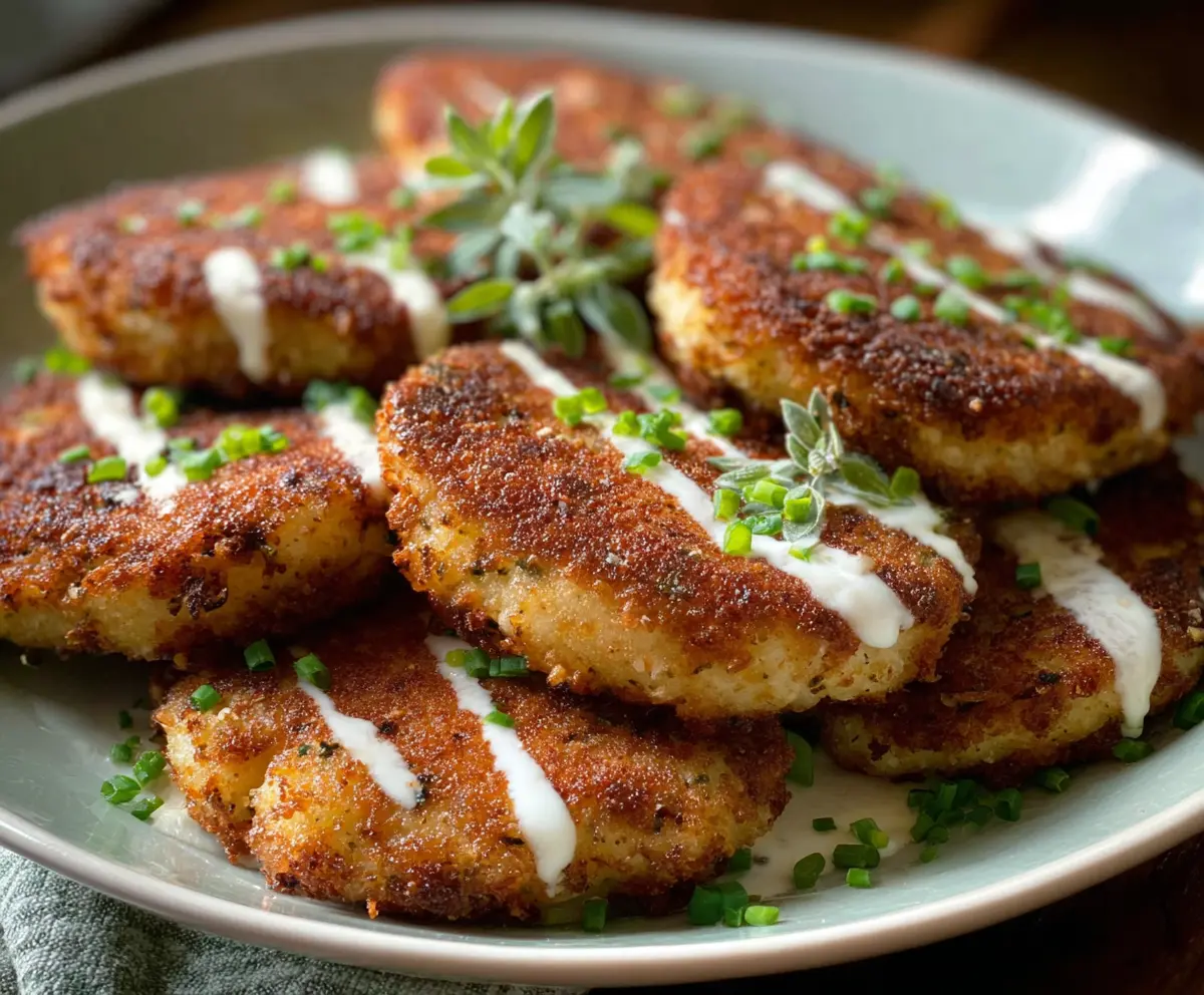 Delicious homemade mashed potato patties crispy on the edges, served on a plate.