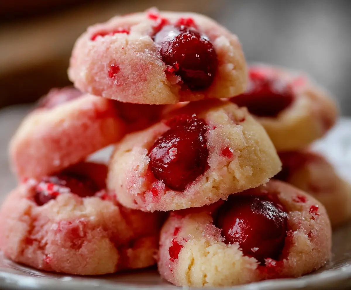 Delicious melt-in-your-mouth cherry shortbread cookies on a serving plate with fresh cherries.