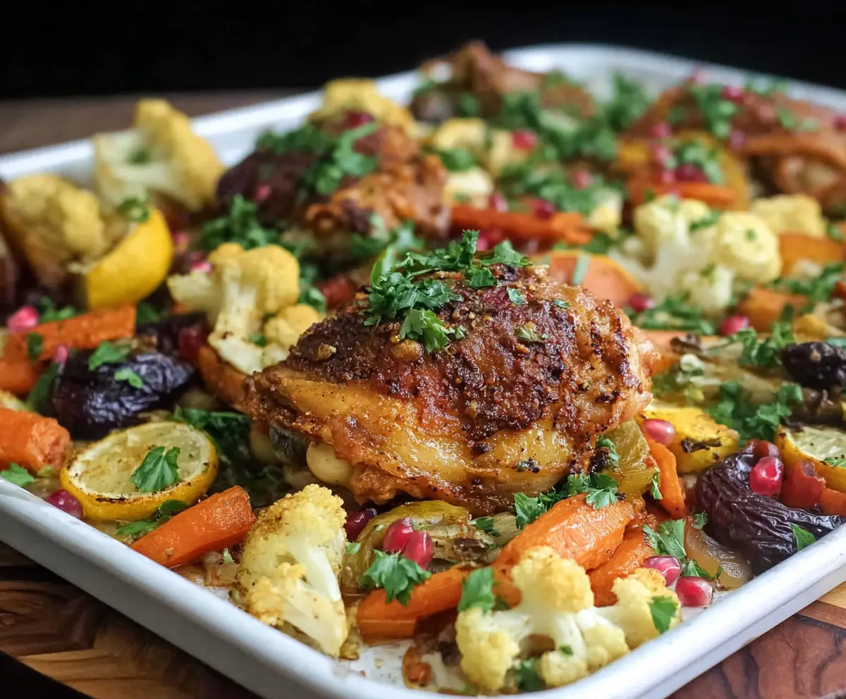 Delicious Moroccan chicken thigh sheet pan dinner with spices and vegetables on a baking sheet.