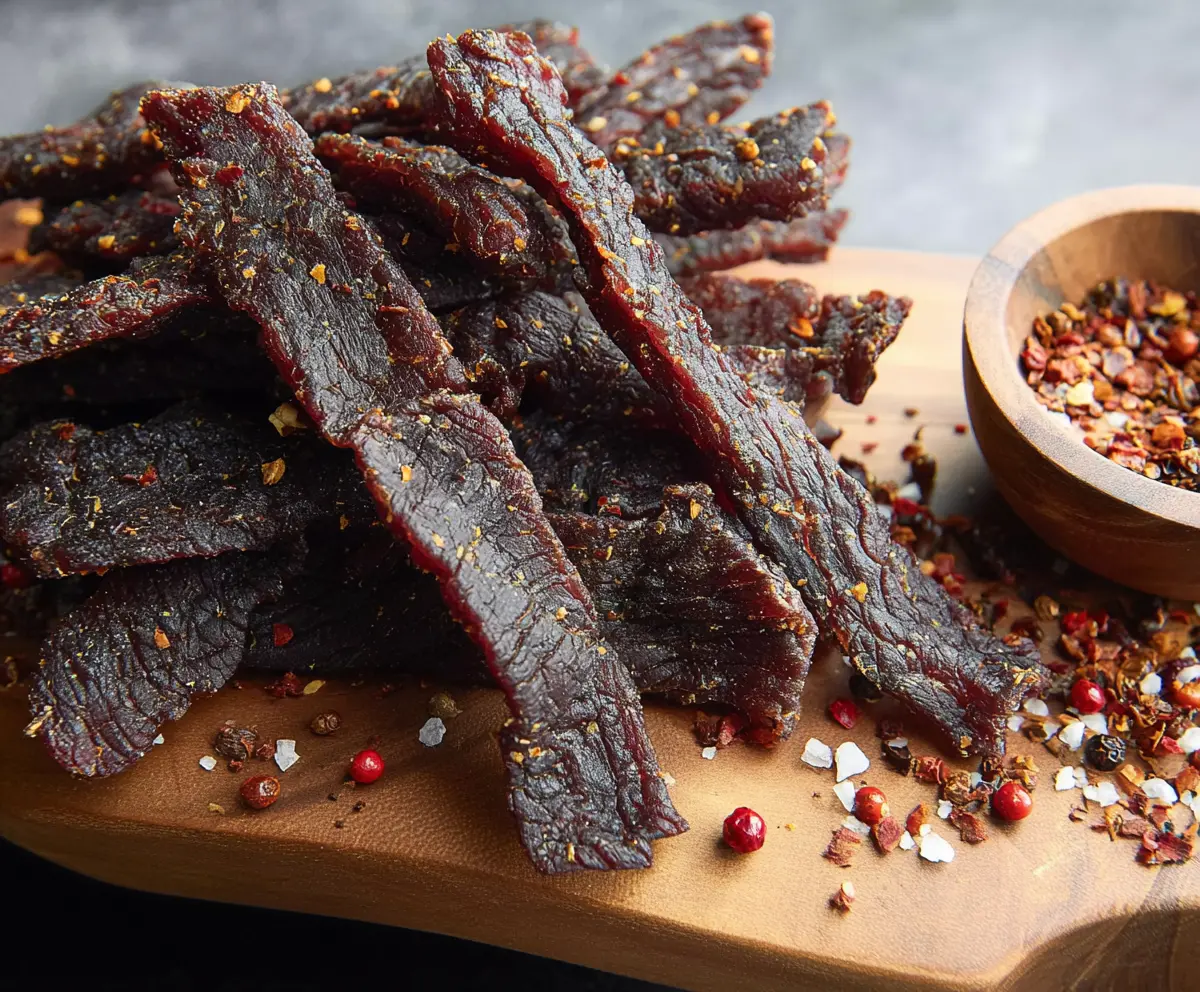 Delicious homemade peppery beef jerky with a spicy seasoning coating.