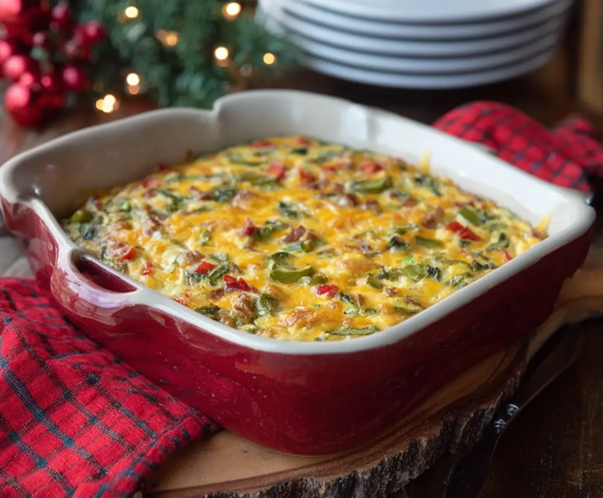 Festive Red and Green Christmas Casserole with colorful vegetables and savory ingredients