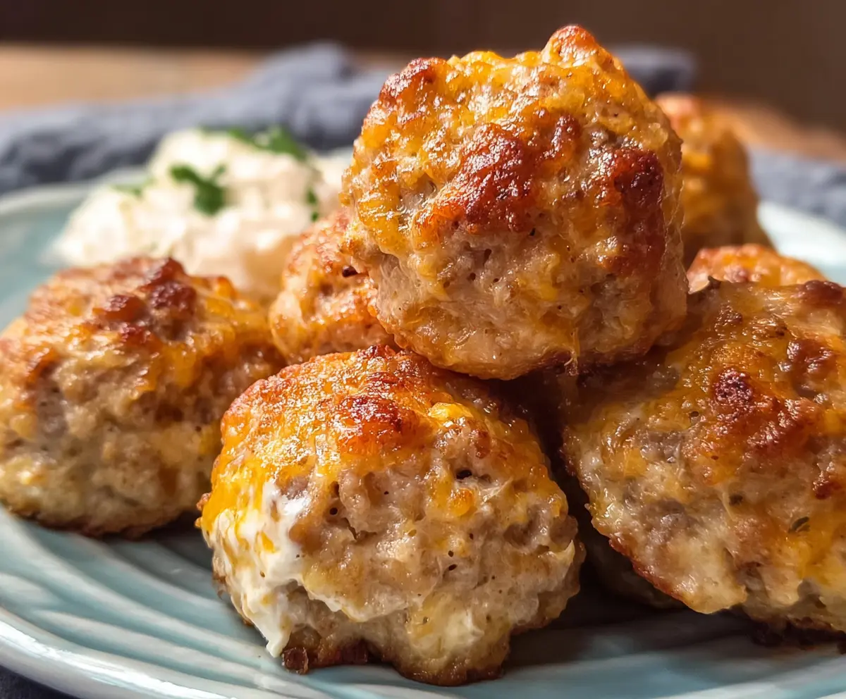 Delicious sausage balls with cream cheese on a serving plate, perfect for appetizers and parties.