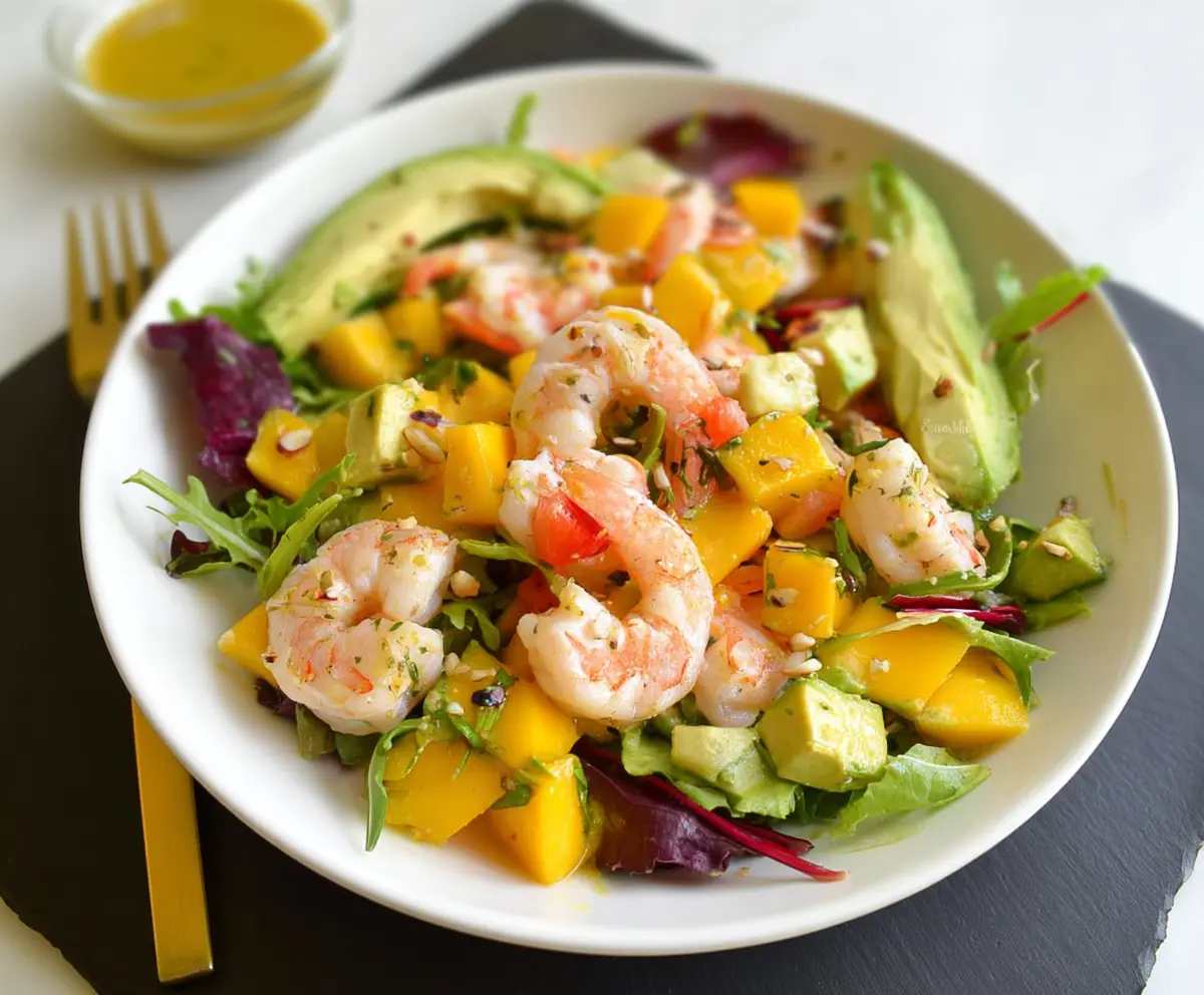 Fresh shrimp and ripe mango salad with herbs on a white plate, vibrant and colorful seafood and fruit dish.