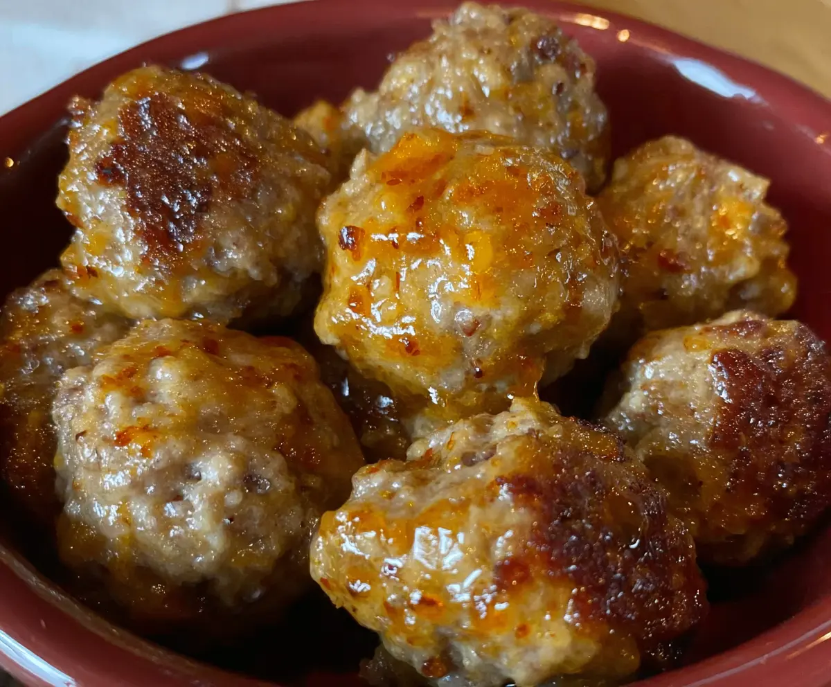 Crunchy spicy sausage balls made without Bisquick, perfect for party snacks or appetizers.