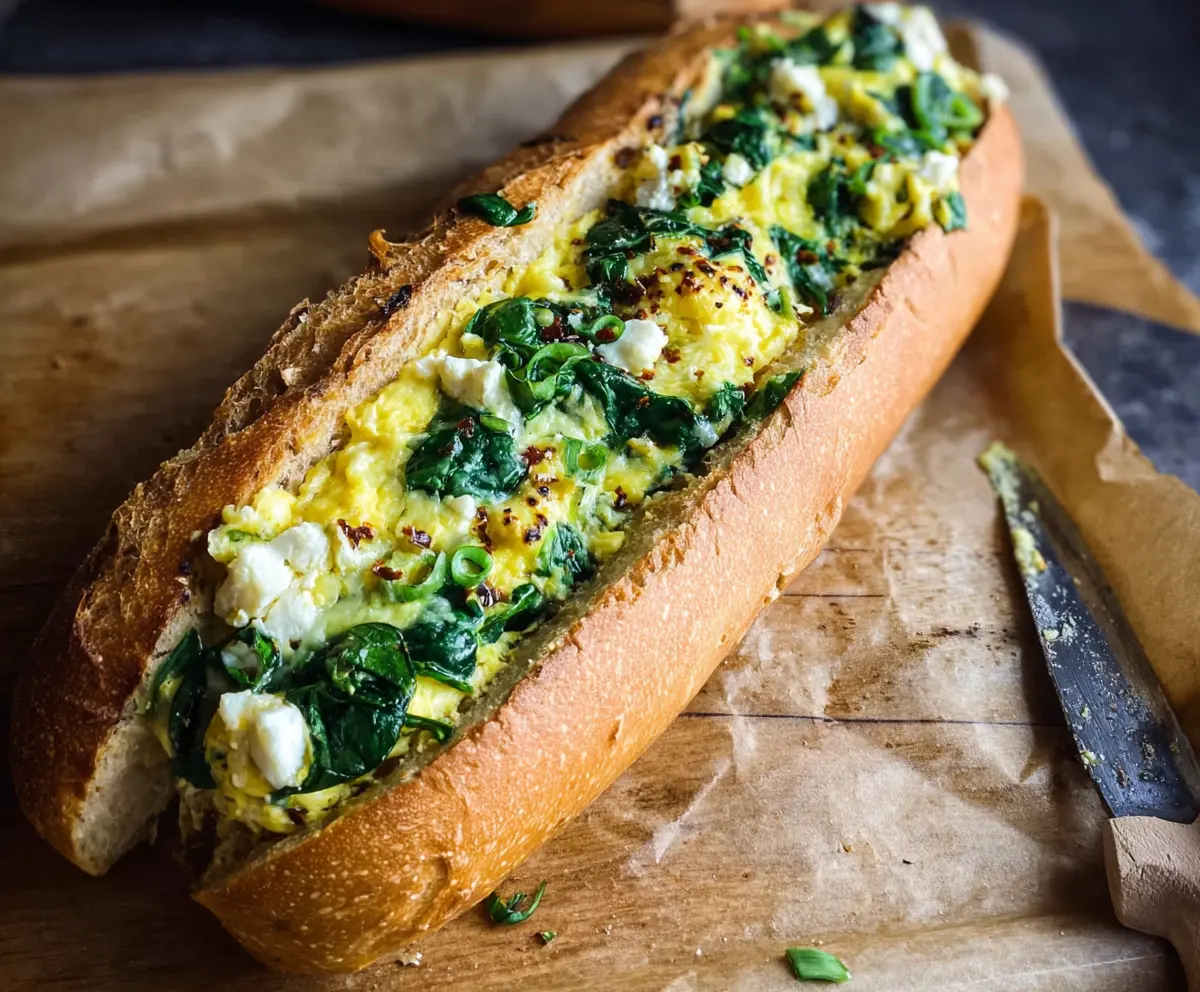 Delicious spinach and feta breakfast baguette with crispy crust and fresh ingredients.