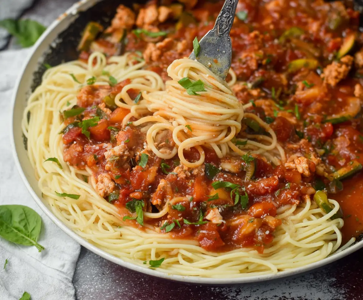 A delicious bowl of veggie-loaded ground chicken spaghetti sauce with fresh vegetables and tender meat.